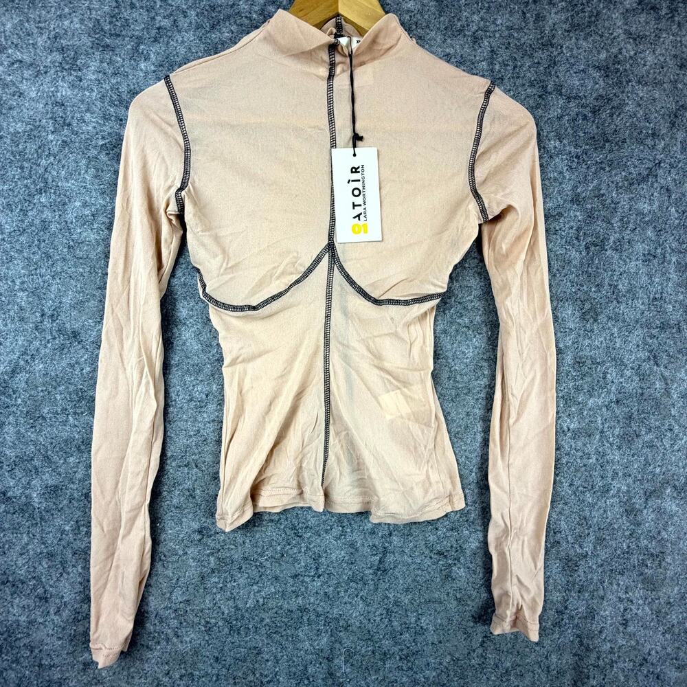 Atoir x Lara Worthington Mesh Top Women XS/6 Beige Stretch Sheer Mock Neck